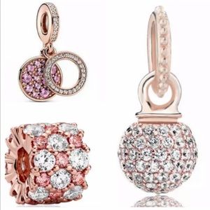 3 Sparkling Pink Disc Double & Clear CZ Pave Ball Dangle Charm Bundle Set
